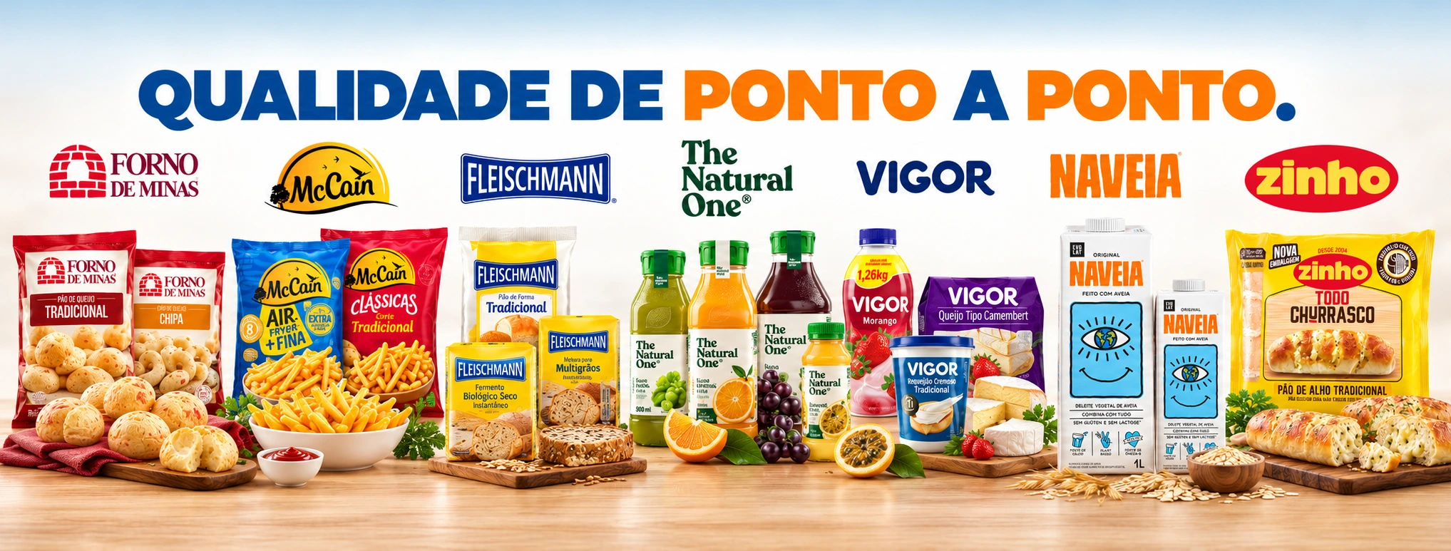 Arte de abertura do Grupo MisterMix com o slogan Qualidade de ponta a ponta e logos e produtos de Forno de Minas, McCain, Fleischmann, The Natural One, Vigor, Naveia e Zinho.