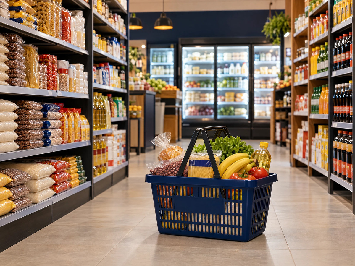 Arte editorial ilustrativa de um supermercado com prateleiras de produtos genéricos.